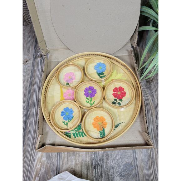 Vintage Bamboo Coaster Tray Set, Pressed Floral, NIB - Picture 5 of 5